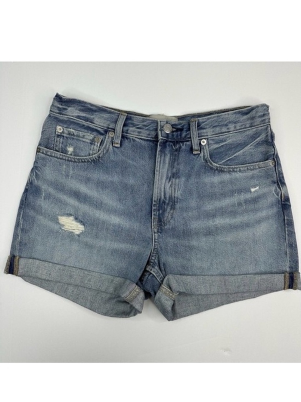 Everlane Women The Denim Short Organic Cotton High Rise Distressed Blue Size 27